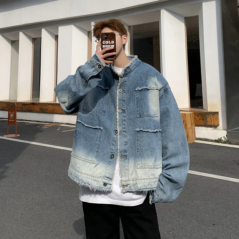 Street Fashion Jacket Men - Jaket Denim Raw Edge Hip Pop