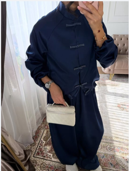 Street Fashion In Chinese - Setelan Dua Potong Kancing Sambung Solid