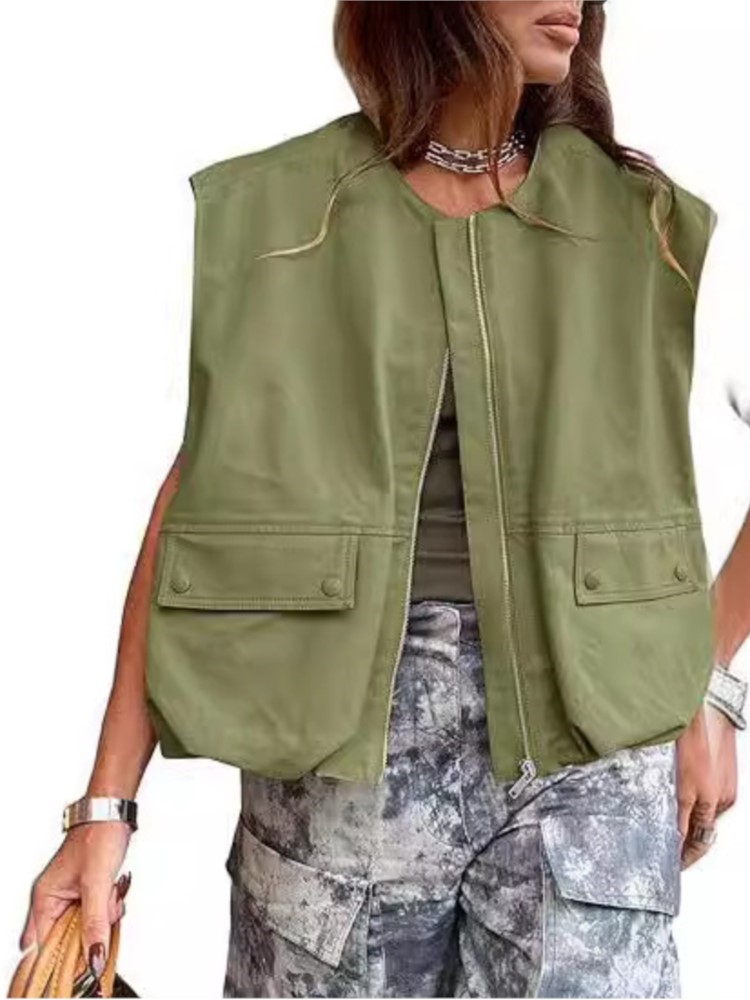 Street Fashion Vest - Rompi Ritsleting Wanita Jaket Longgar Tanpa
